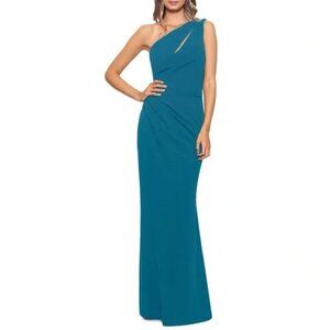 248$ Aqua Cutout One Shoulder Gown Maxi Dress Sleeveless Size 12 Azure Blue